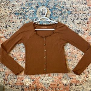 Long Sleeve Rib Knit Button Front Top
